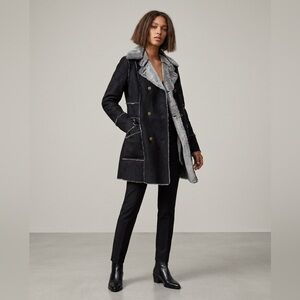 Trend b.p.c. Black Faux Fur Shearling Lined Coat Jacket L Gray Trim Long Winter